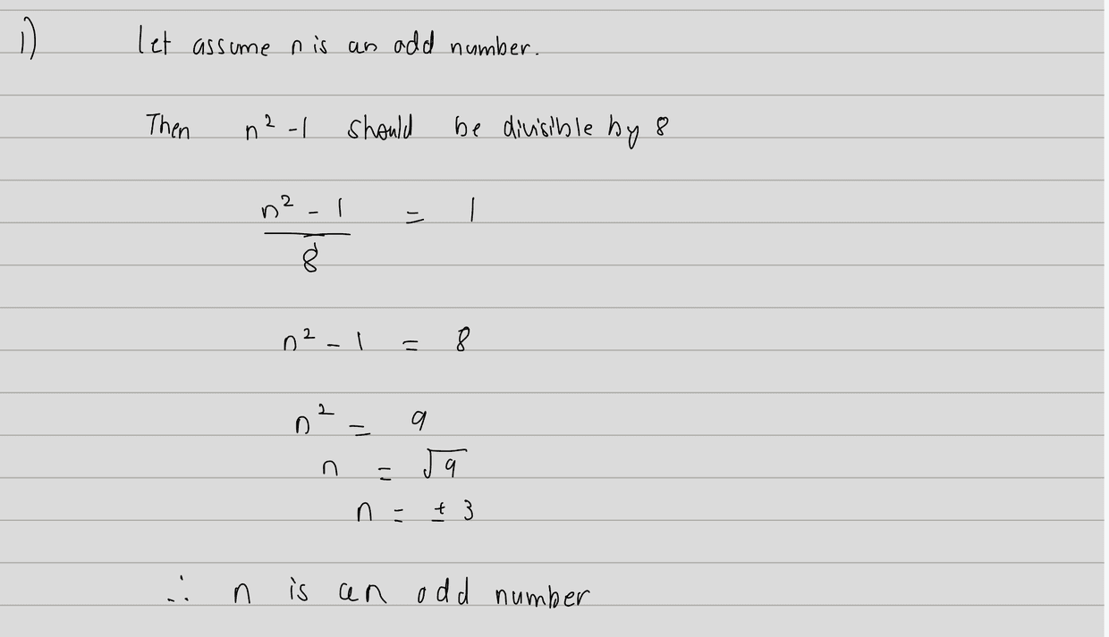 A handwritten attempt at the proof on ruled paper, assuming n is odd and then testing only the case n = 3.